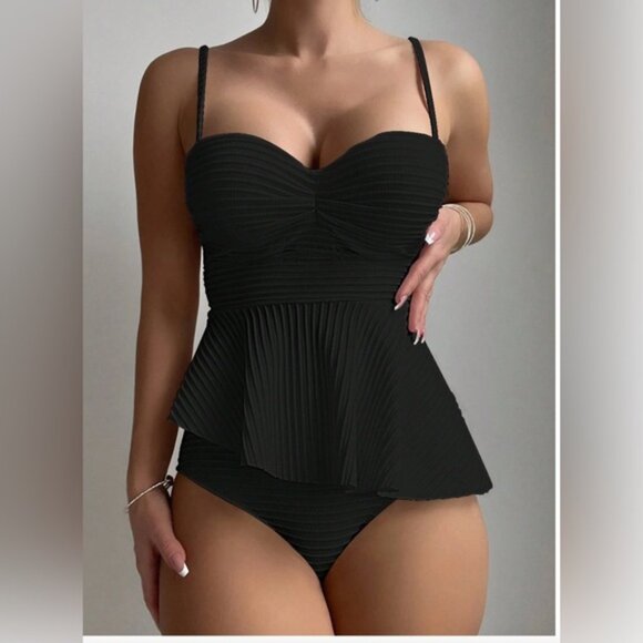 COPY - Ribbed Texture Detail Thin Strap Cami Tankini Set - Picture 1 of 8